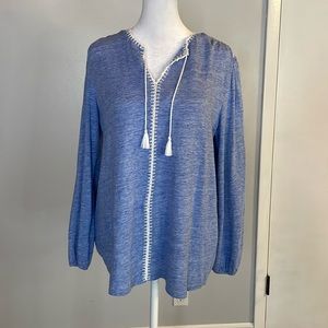 [J. McLaughlin] Blue/White Stitched Tassel Blouse - Size XS